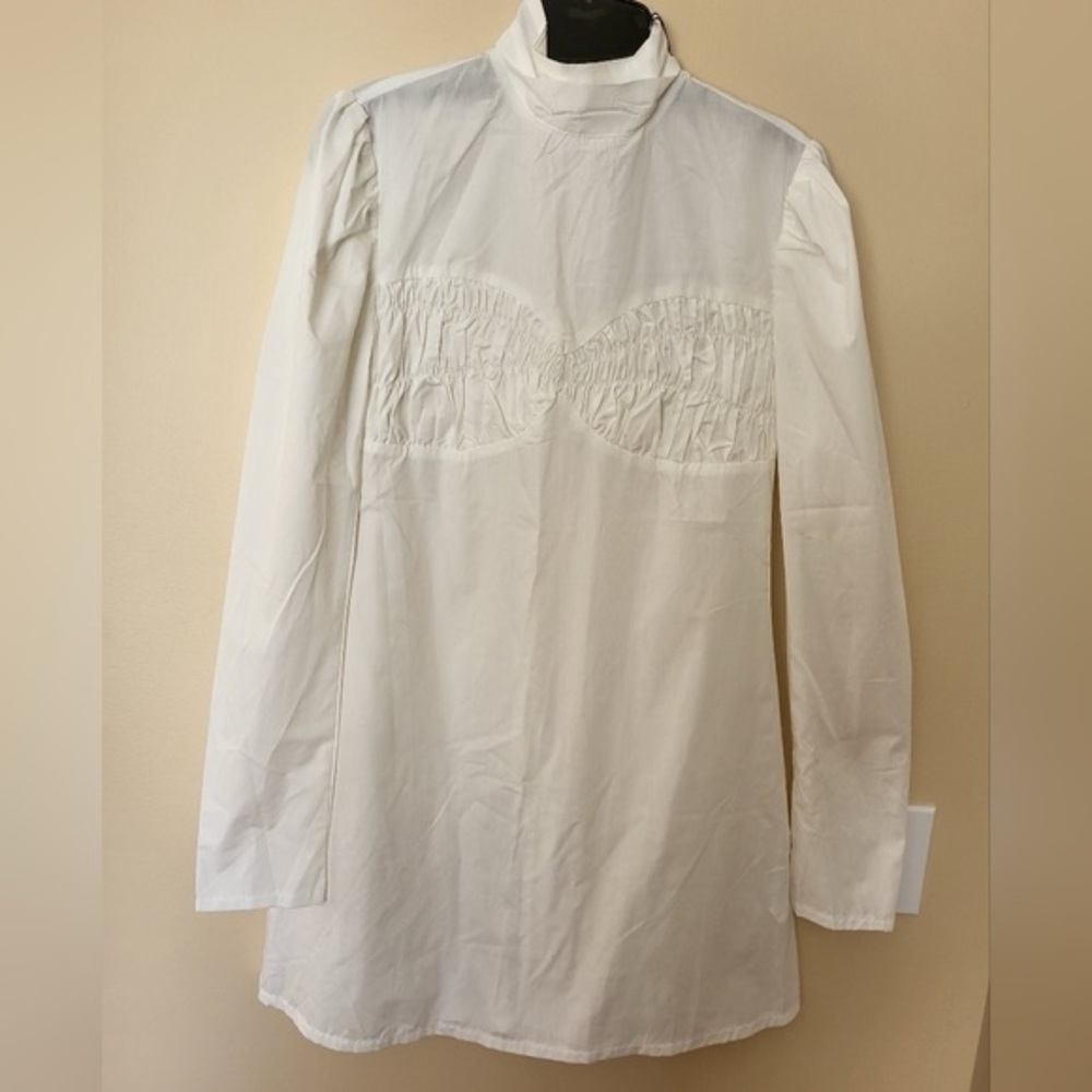 Nwt White Ruched Nust Detail High Neck Shirt Dress